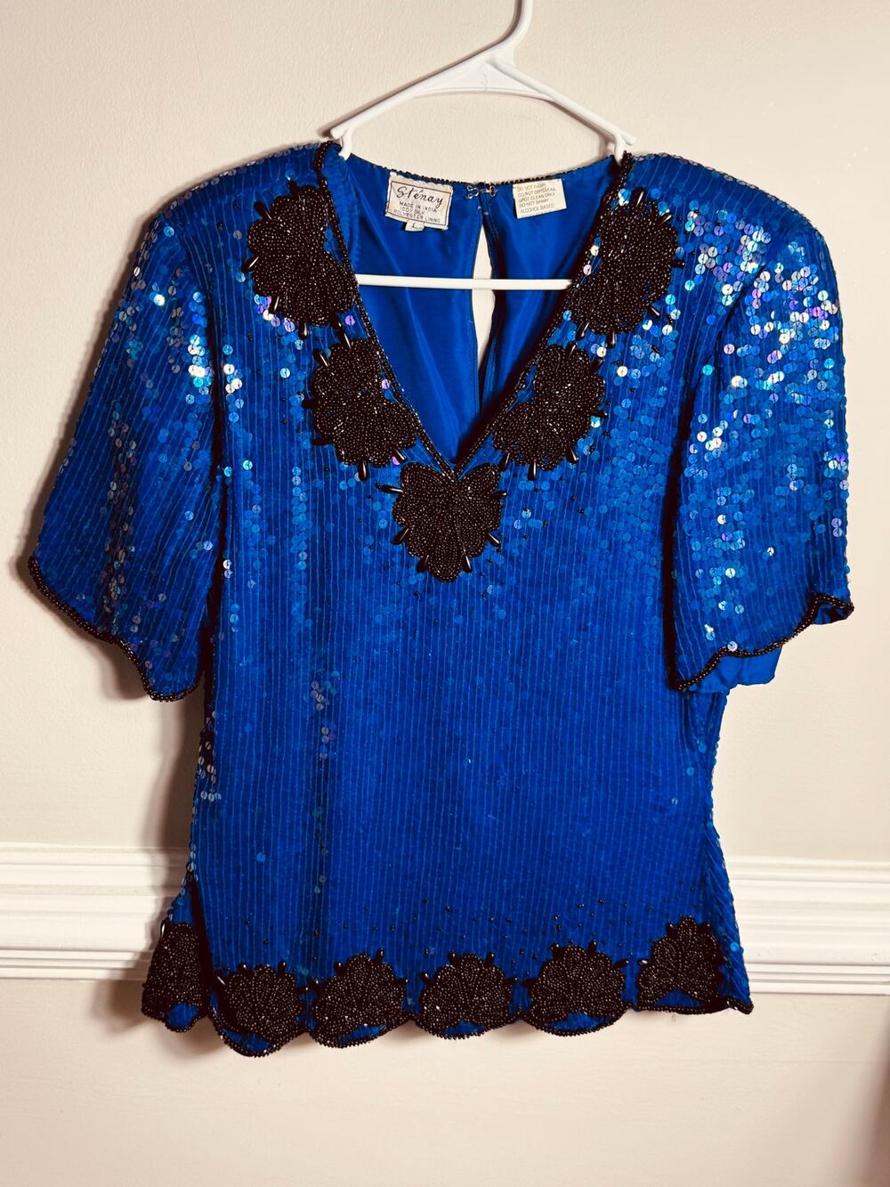Vintage Stenay Silk Beaded Sequin Top Blue Black Evening Party Blouse Women’s L